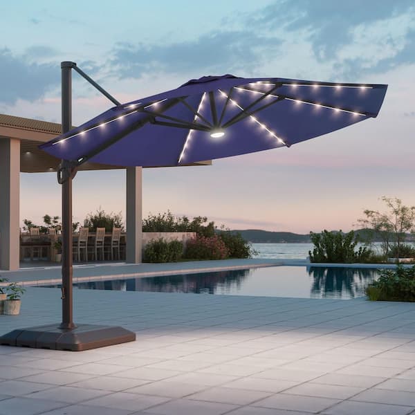 11 Feet LED Patio Cantilever Umbrella With a Base, Aluminum Outdoor Offset Rotation w/Solar Lights, Navy Blue