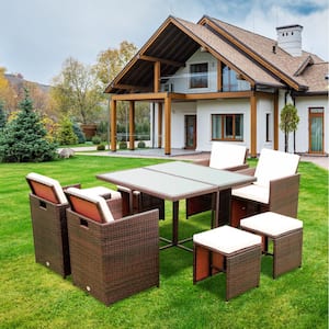 Dark Brown 9-Piece PE Rattan Wicker Patio Outdoor Dining Sets with 1 Table, 4 Chairs, 4 Ottomans and Beige Cushions