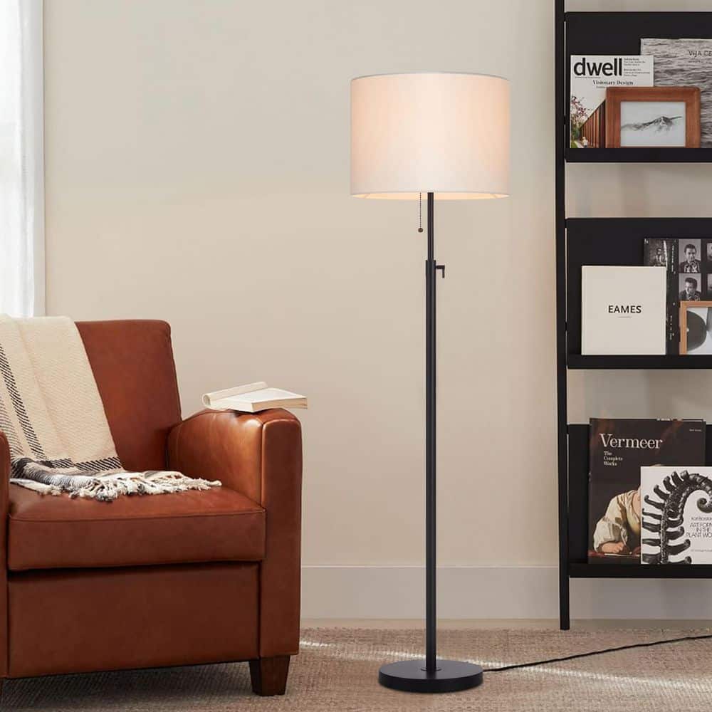 Adjustable Black Metal Floor Lamp with Beige Drum Shade