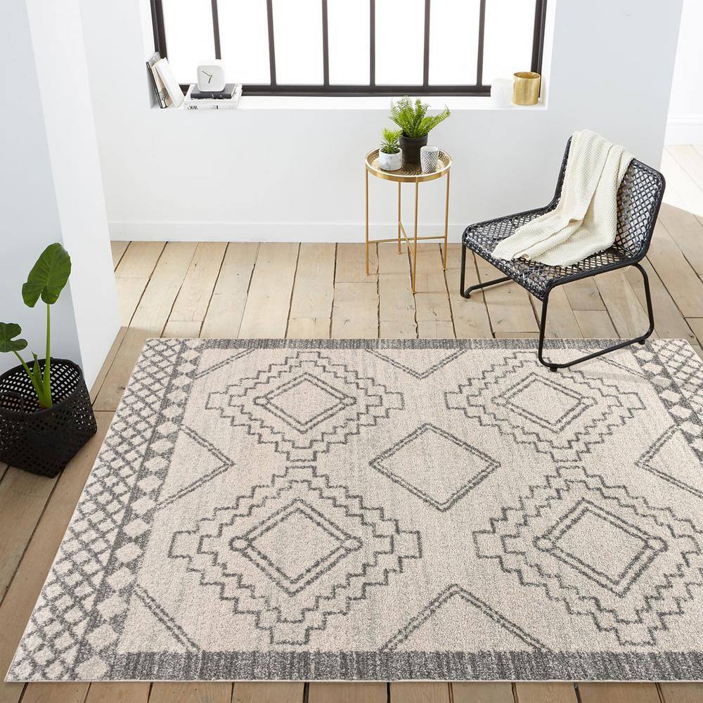 Cream and Gray Geometric Synthetic Square Area Rug
