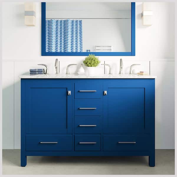Eviva Aberdeen 48 in. W x 22 in. D x 34 in. H Double Bath Vanity in Blue with White Carrara Marble Top with White Sinks