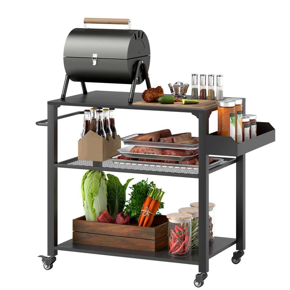 Outsunny 3-Shelf Black Outdoor Grill Cart, 31.5" x 19.7" Pizza Oven Stand Grilling Set with Storage Rack, Side Handle on Wheels