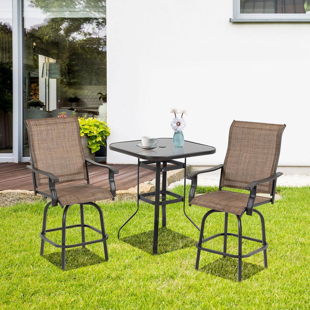 Brown Steel Frame Outdoor Swivel Bar Stools with Armrests