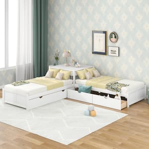 Modern White Twin Size L-shaped Platform Bed with Trundle and Drawers Linked with Built-in Desk