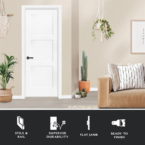 30 in. x 80 in. 3-Panel Equal Shaker White Primed RH Solid Core Wood Single Prehung Interior Door with Nickel Hinges