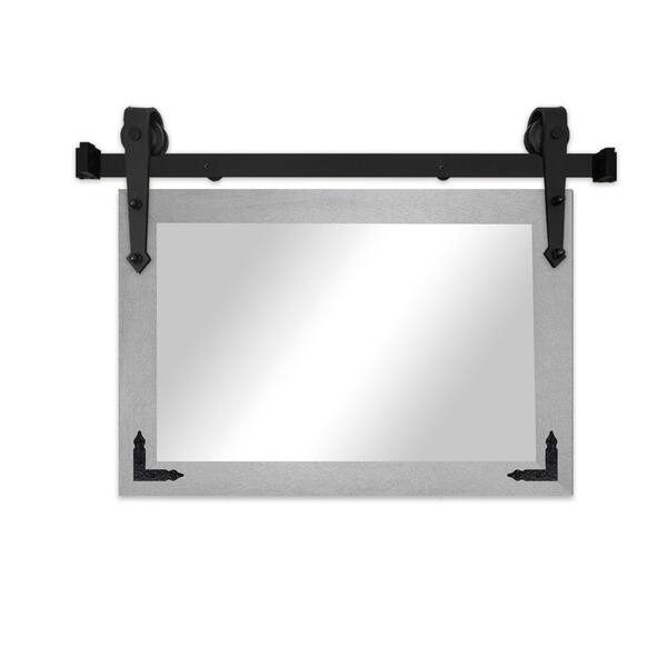(33 in. W x 22 in. H) Light Silver Vertical Mirror with Steel Barn Door Track and Metal Corner Brackets