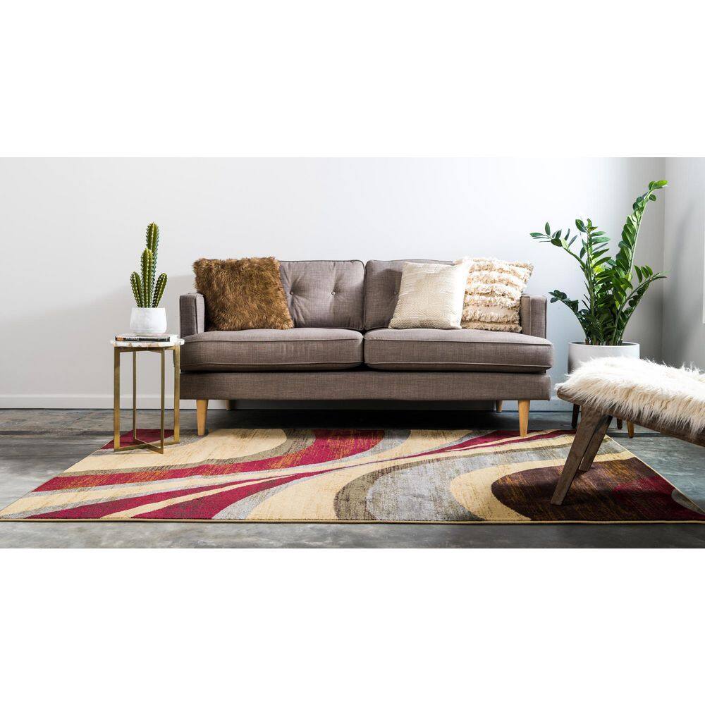 9' x 12' Beige and Burgundy Abstract Area Rug