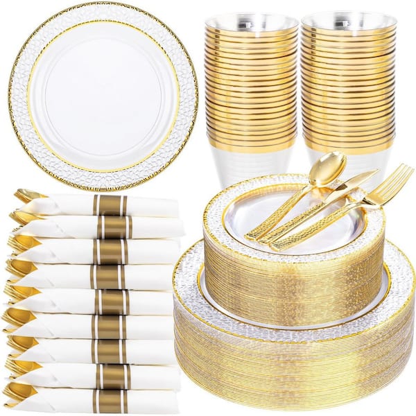 Clear Hammered Gold-Trim Disposable Dinner Plates with Silverware Pre-Rolled Napkins Cups (Set of 350)