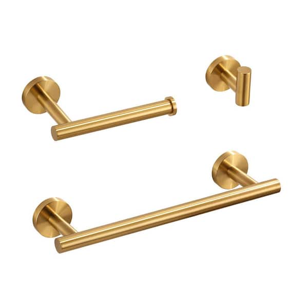 3-Piece Bath Hardware Set with Towel Bar, Toilet Paper Holder and Robe Hook in Gold
