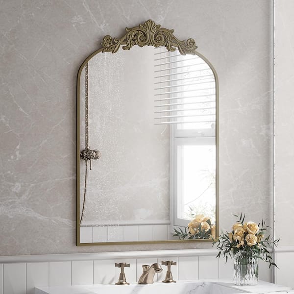 GLSLAND 24 in. W x 38 in. H Arched Bronze Metal Framed with Carved Decoration Vanity Mirror Wall Mirror