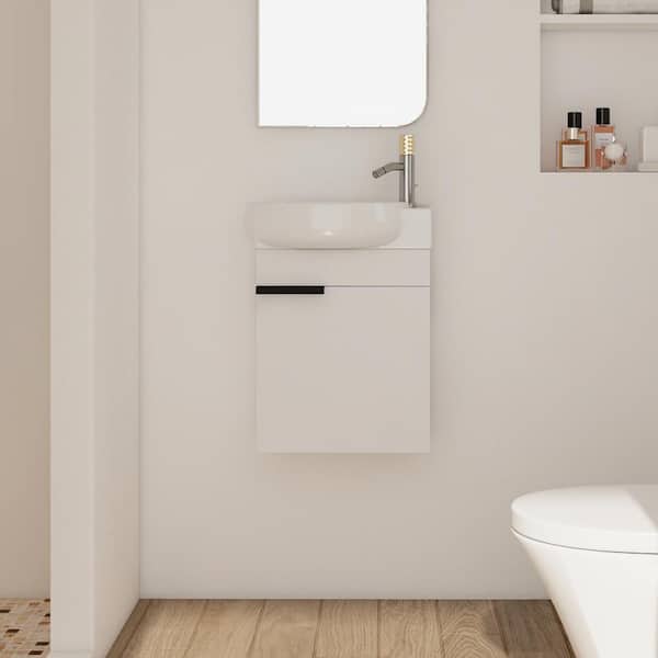 Unbranded 17 in. W x 12 in. D x 21 in. H Wall Mounted Single Sink Bath Vanity in Gloss White with Ceramic Top with White Basin