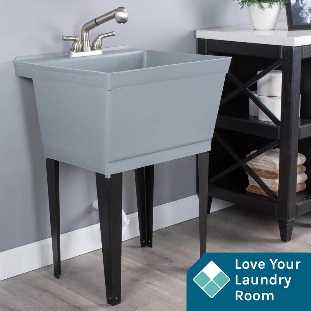 Gray Thermoplastic Freestanding Utility Sink with Stainless Steel Faucet