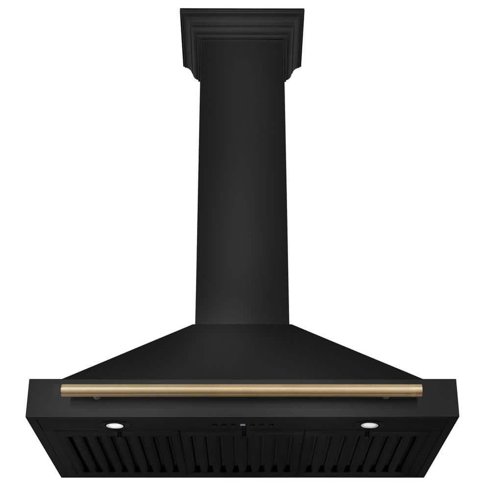 36'' Black Stainless Steel Wall Mount Range Hood with Champagne Bronze Handle