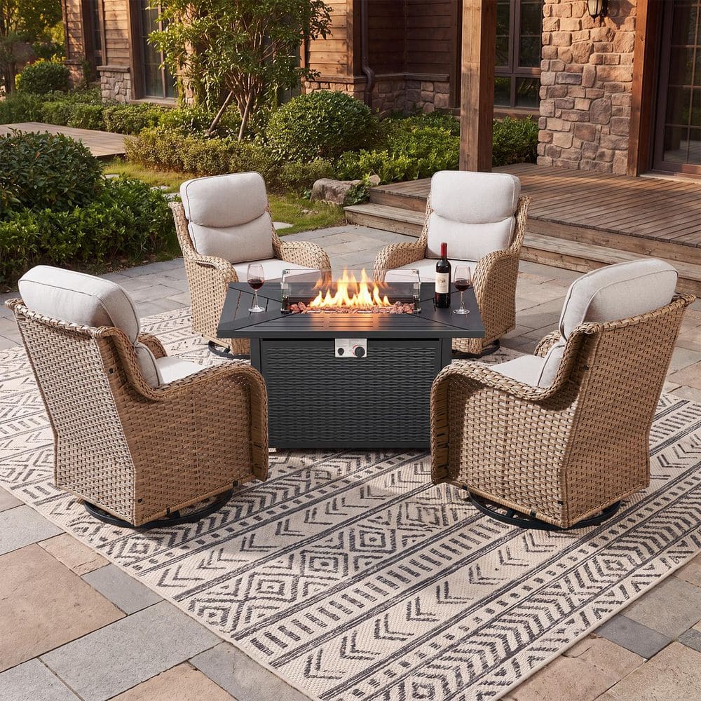 MoonLuxe Yellow Wicker Fire Pit Conversation Set with Beige Olefin 6 In. Thick Cushions Patio Swivel Chairs (5-Piece) price history on PriceWatchPro
