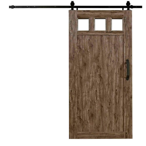 Pinecroft 42 in. x 84 in. Millbrooke Weathered Grey 3 Lite Acrylic Pane PVC Barn Door with Hardware Kit - Door Assembly Required