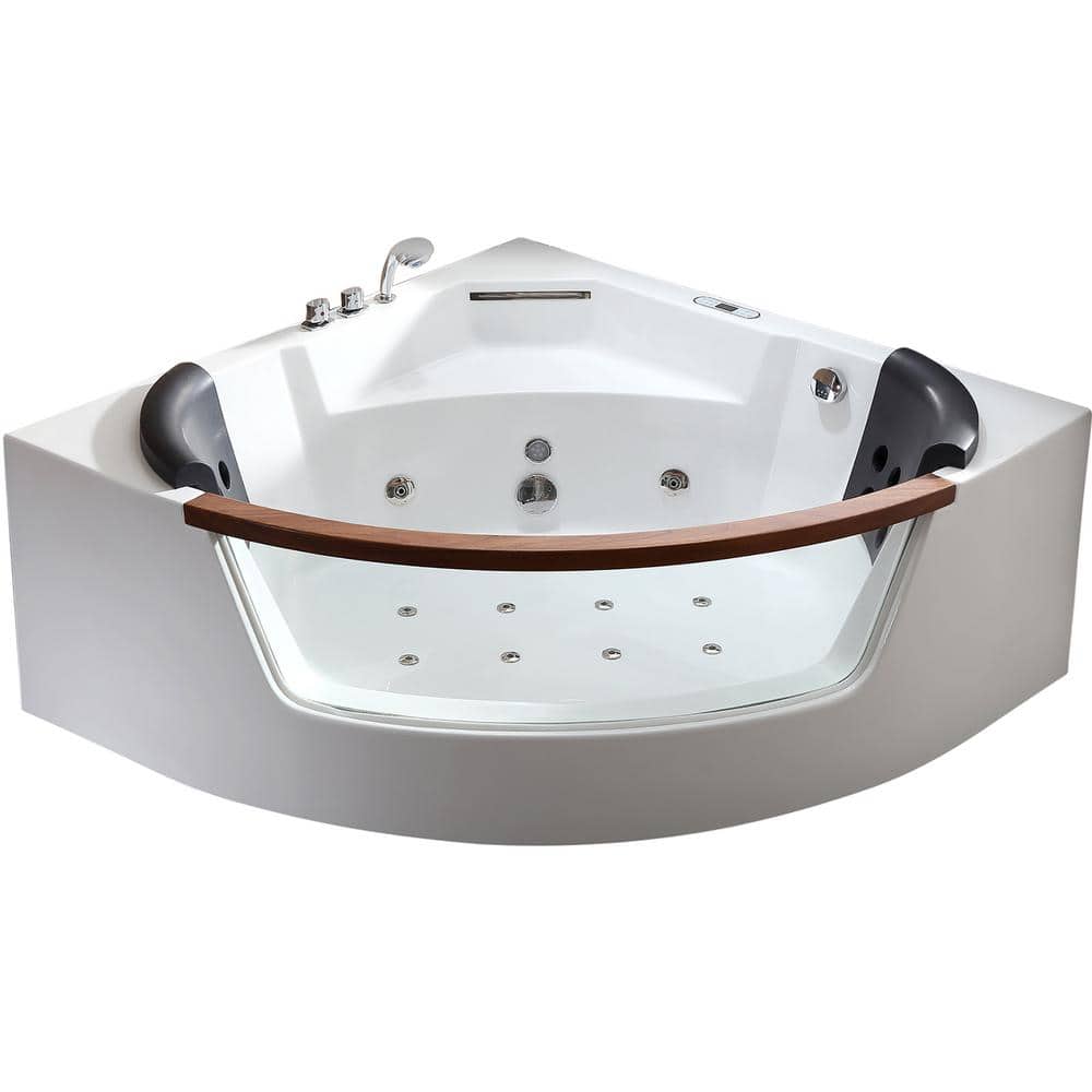 White Acrylic Corner Whirlpool Bathtub with Glass Panel