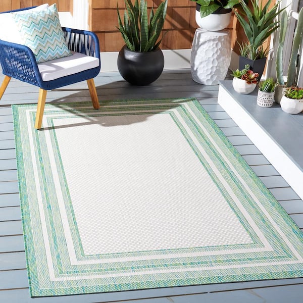 Courtyard Ivory/Green 7 ft. x 7 ft. Solid Color Striped Indoor/Outdoor Square Area Rug
