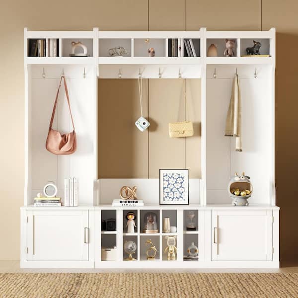 White Wide Hall Tree with Storage Bench Coat Rack and Shoe Cubbies