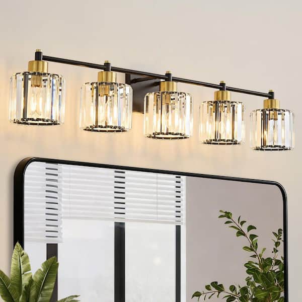 Modern Luxury 39.29 in. 5-Light Black and Gold Dimmable Bathroom Vanity Light with Crystal Shades
