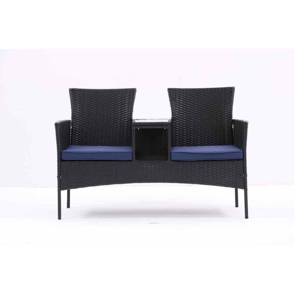 Coffee PE Rattan Wicker Steel Outdoor Patio Conversation Set with Blue Cush