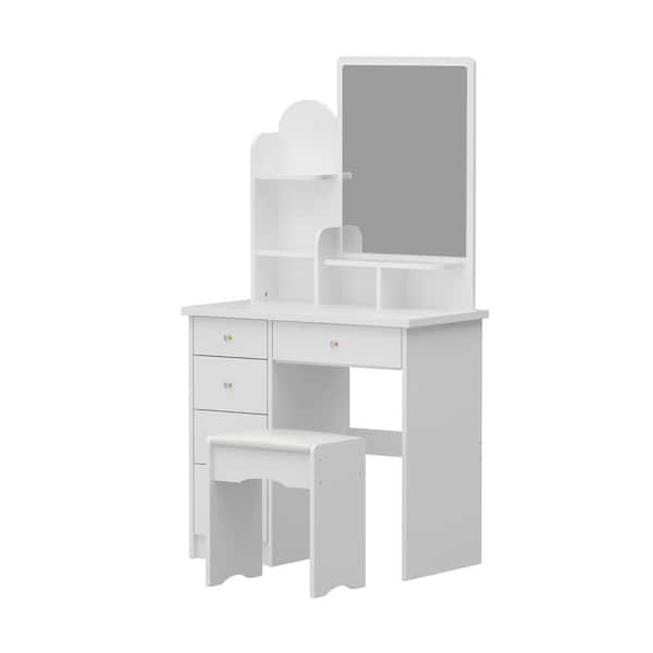 FUFU&GAGA 5-Drawers White Makeup Vanity Sets Wood Dressing Desk With Mirror, Stool and 3-Tier Storage Shelves