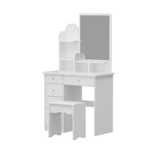 5-Drawers White Makeup Vanity Sets Wood Dressing Desk With Mirror, Stool and 3-Tier Storage Shelves