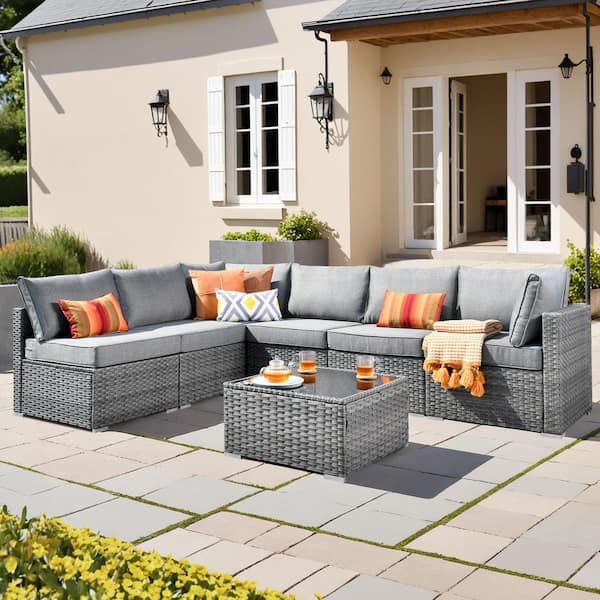 weaxty W Daffodil D Gray 7-Piece Wicker Patio Conversation Sofa Set withDark Gray Cushions
