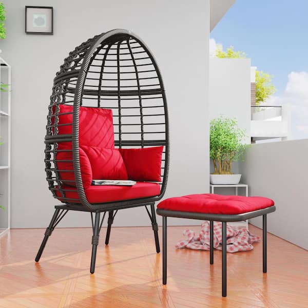 Sudzendf Brown Wicker Patio Swing Egg Chair with Red Cushion, Indoor Outdoor Lounger for Patios, Living Room
