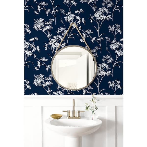 30.75 sq. ft. Luxe Haven Hampton Blue Floral Mist Vinyl Peel and Stick Wallpaper Roll