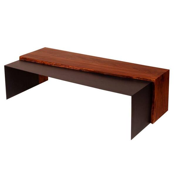 THE URBAN PORT 52.8 in. Oak Brown and Black Rectangle Acacia Wood Coffee Table with Horizontal Split Design and Live Edge