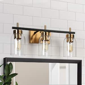 20 in. Modern 3-Light Brass Gold Bathroom Vanity Light, Black Bath Lighting with Cylinder Clear Glass Shades