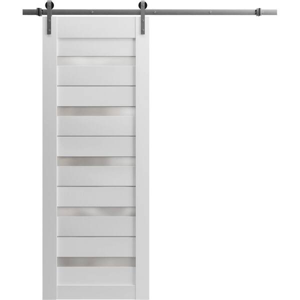 Sartodoors 30 in. x 80 in. 1 Panel Frosted Glass White Solid MDF Sliding Barn Door with Hardware Kit