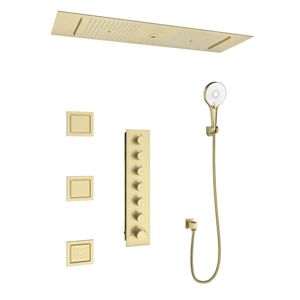 8-Spray Thermostatic CeilingMount Fixed and Handheld Dual Shower Head 2.5GPM with Bluetooth Control Music in BrushedGold