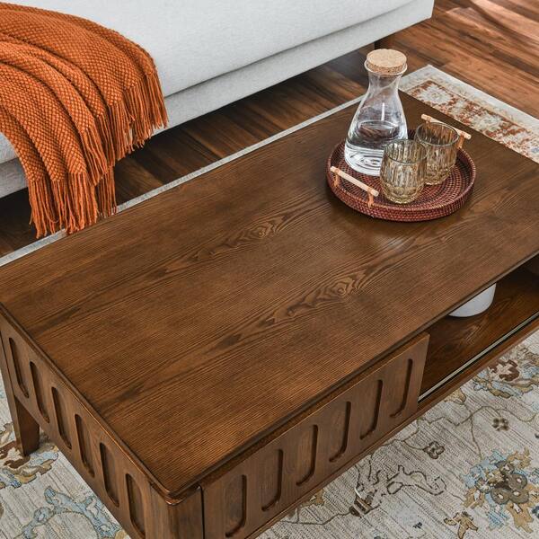 Walnut Mid Century Modern Fluted Coffee Table with Storage Sliding