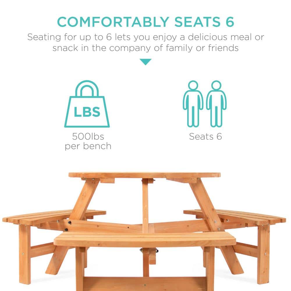 Natural Wood 6-Person Circular Picnic Table with Benches