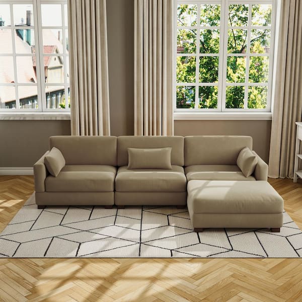 123 in. Square Arm 4-Piece Corduroy Upholstered L-Shaped Sectional Sofa in Camel