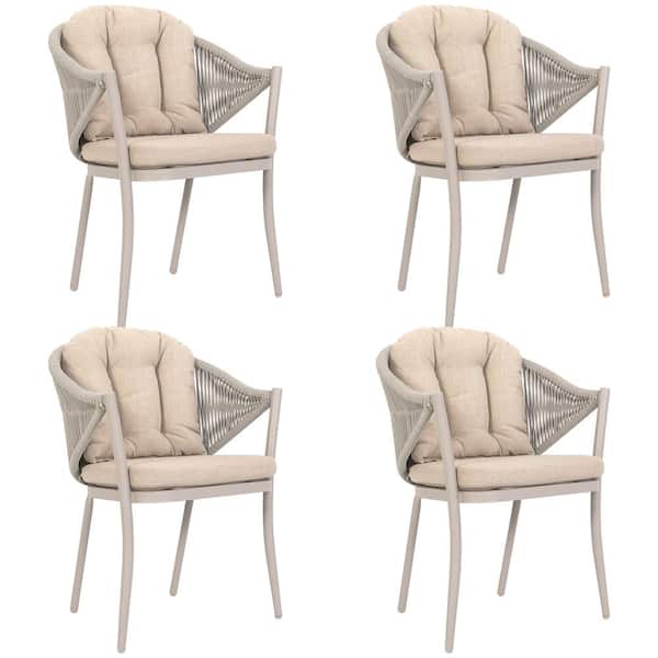 Outdoor Aluminum Dining Chair Set Rope Weaver Patio Furniture with Removable Beige Cushions (4-Pack)