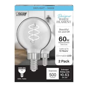 60-Watt Equivalent G16.5 Double Spiral White Thin Filament Clear E12 Candelabra LED Light Bulb, Daylight 5000K (2-Pack)