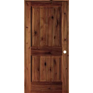 36 in. x 80 in. Knotty Alder 2 Panel Left-Hand Square Top V-Groove Red Chestnut Stain Wood Single Prehung Interior Door