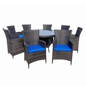 9-Piece Wicker Outdoor Dining Set Aluminum Frame with Blue Cushions and Round Dining Table