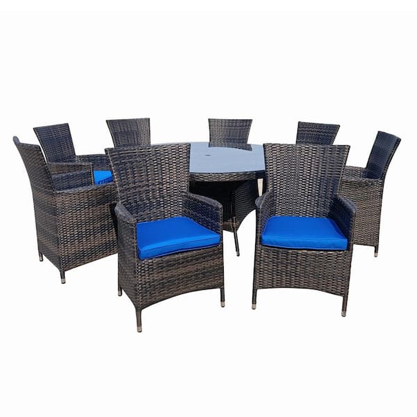 PATIOPTION 9-Piece Wicker Outdoor Dining Set Aluminum Frame with Blue Cushions and Round Dining Table