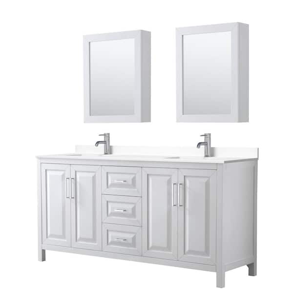 Wyndham Collection Daria 72in.Wx22 in.D Double Vanity in White with Cultured Marble Vanity Top in White with Basins and Med Cabs