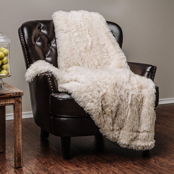 Solid Creme Shaggy Faux Long Fur Polyester Throw Blanket-92 in. x 85 in. , Queen Size