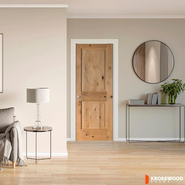 30 in. x 80 in. Rustic Knotty Alder 2-Panel Square Top Right-Hand Single BEHR Cedar Stain Wood Prehung Interior Door