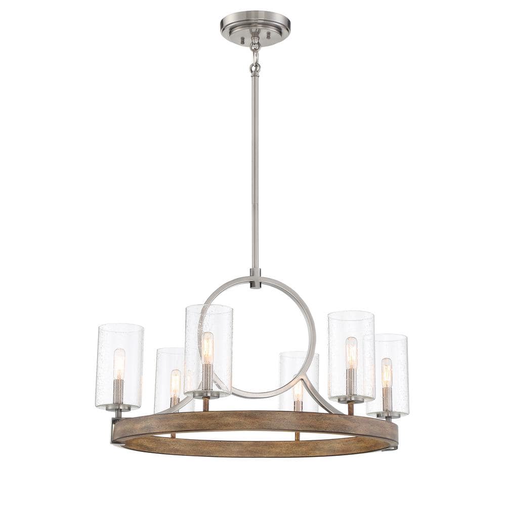 Sun Faded Wood and Brushed Nickel 6-Light Seedy Glass Chandelier