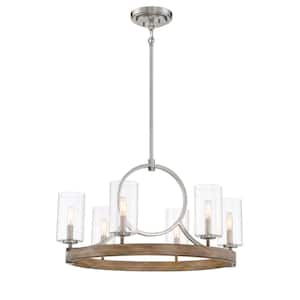 Country Estates 6-Light Sun Faded Wood with Brushed Nickel Accents Chandelier with Seeded Glass Shade