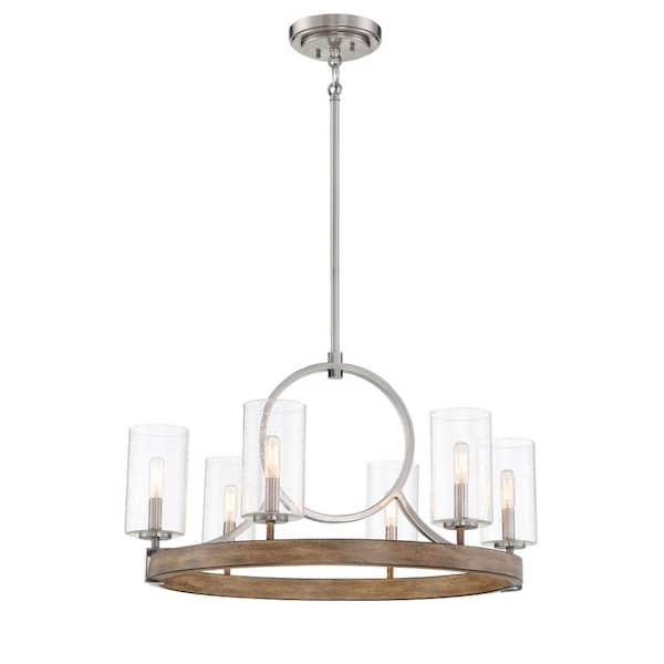 Minka Lavery Country Estates 6-Light Sun Faded Wood with Brushed Nickel Accents Chandelier with Seeded Glass Shade