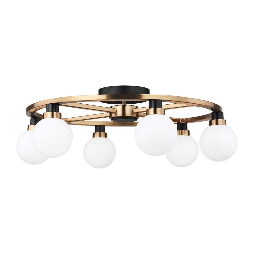 Satin Brass 6-Light Globe Semi Flush Mount with White Glass