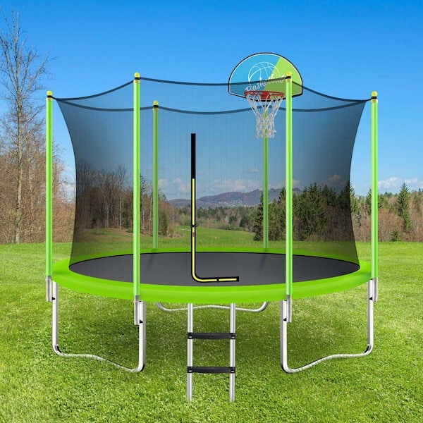 10 ft. Trampoline with Safety Enclosure Net, Basketball Hoop and