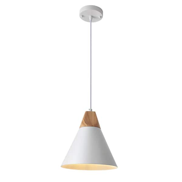 1-Light White Cone Pendant Light with Metal Shade, No Bulbs Included